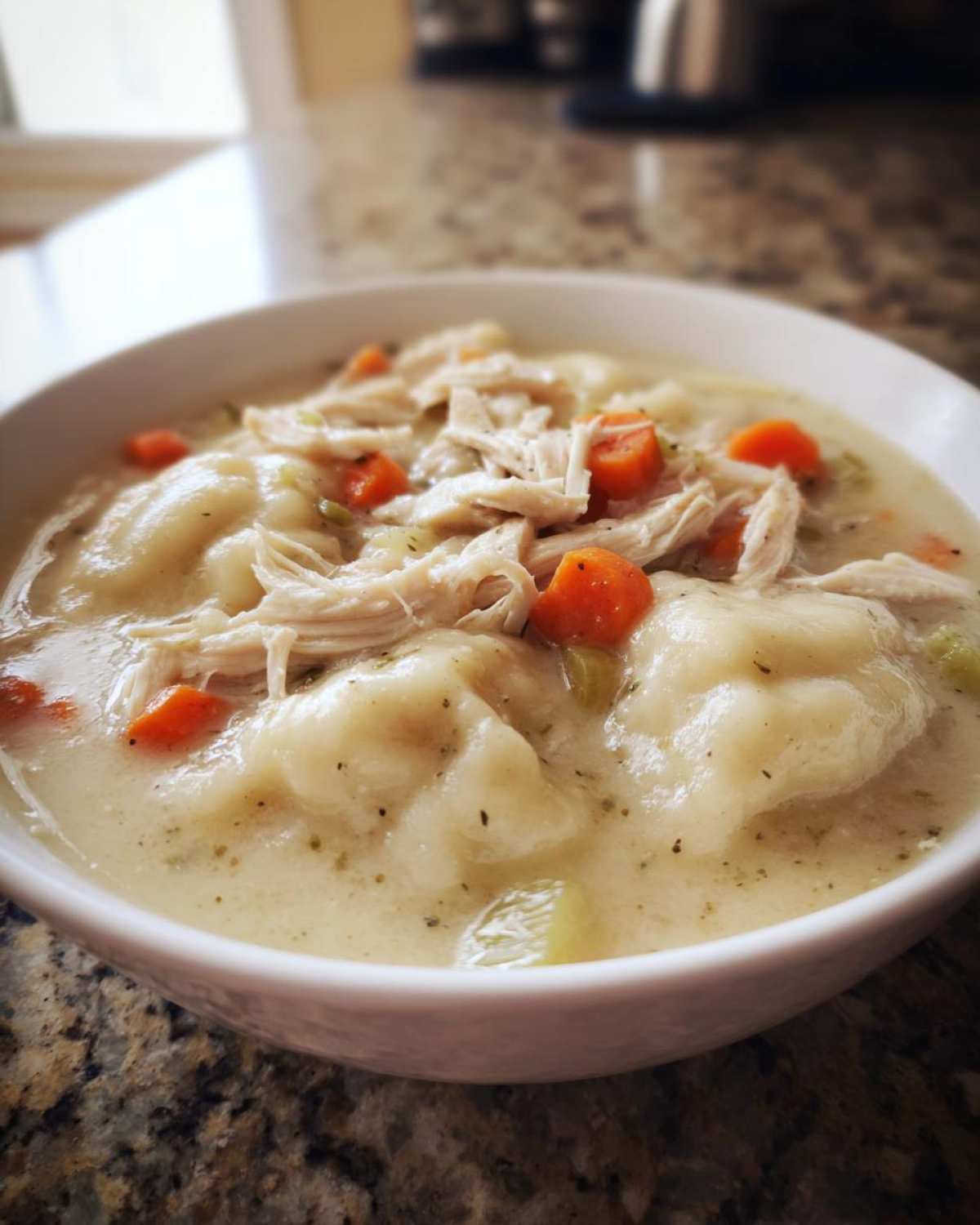 Close-up of a white bowl filled with creamy chicken and dumplings, featuring shredded chicken and bright orange carrots.
