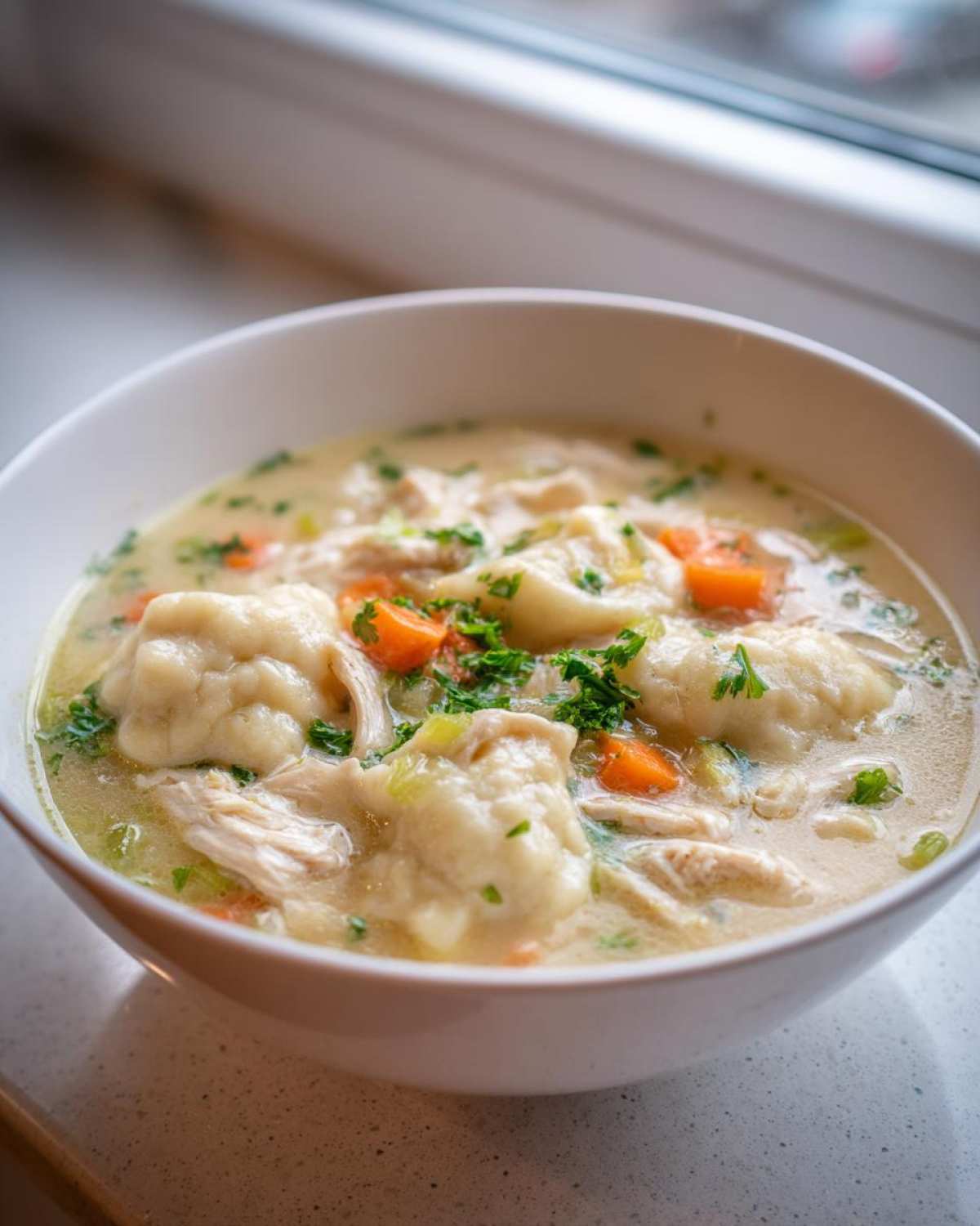 A close-up of a white bowl filled with creamy chicken and dumplings, featuring shredded chicken, carrots, and parsley garnish.