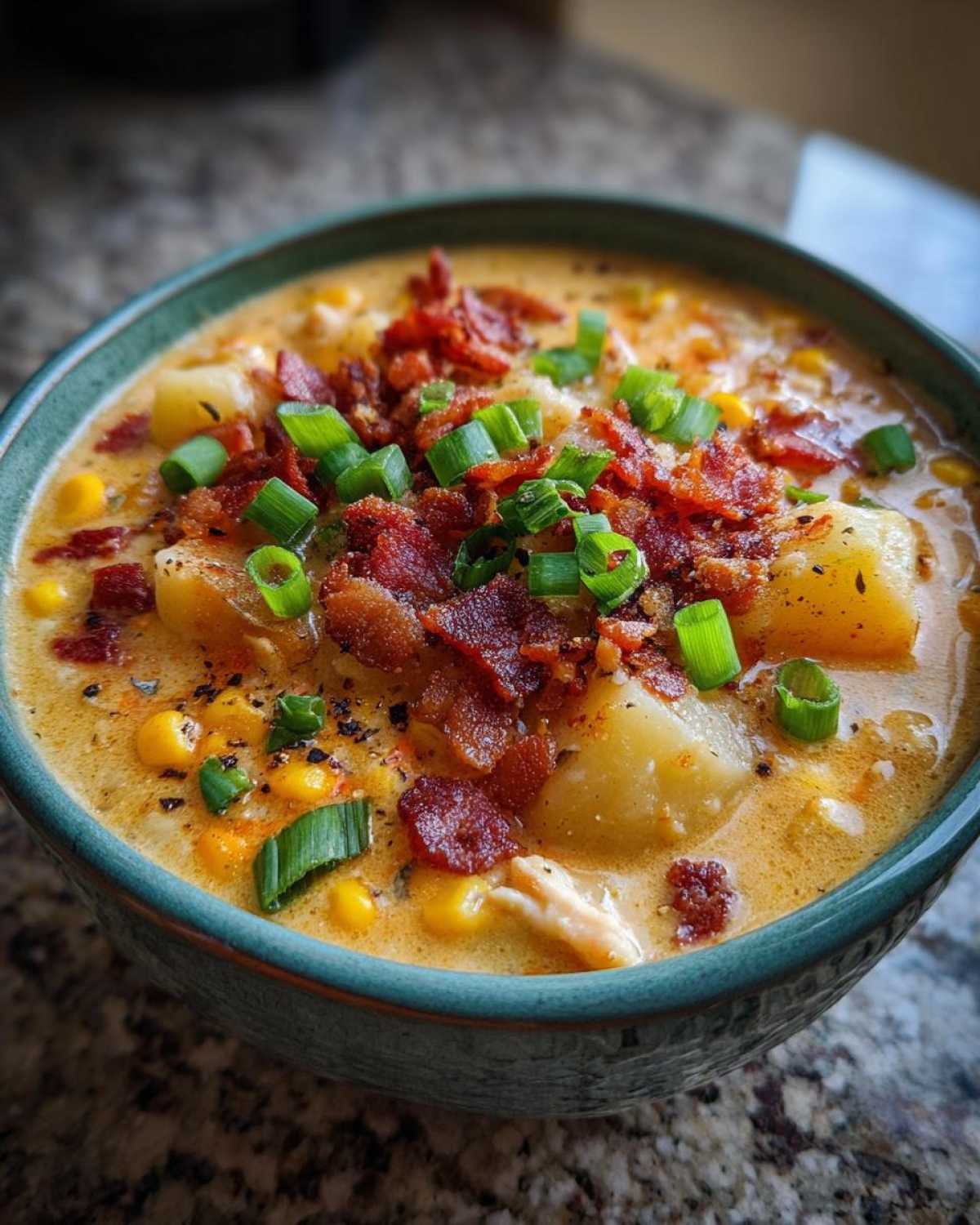 Close-up of a bowl of creamy chicken corn chowder topped generously with crispy bacon bits and fresh green onions.