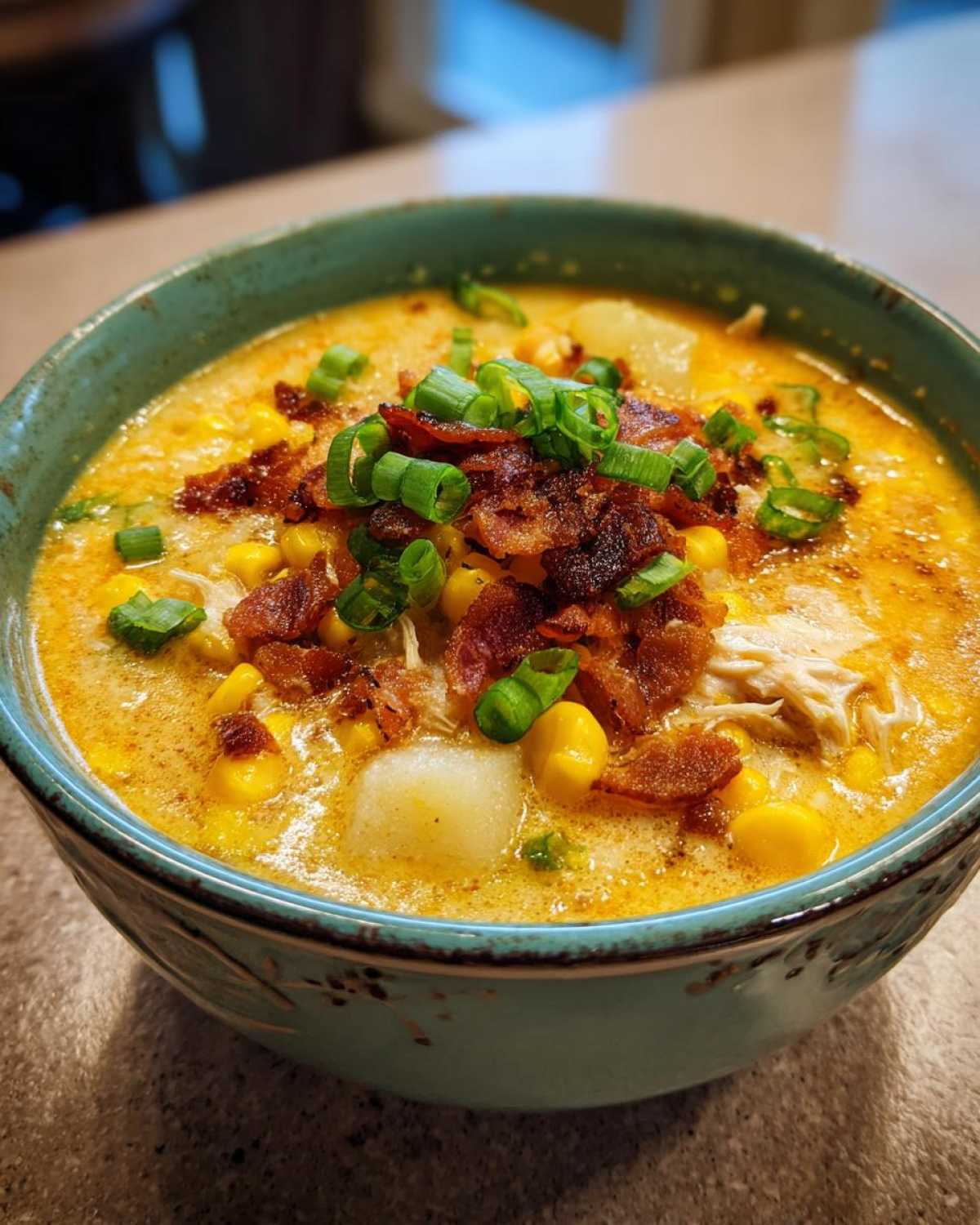 A close-up of a bowl of creamy chicken corn chowder topped with crumbled bacon and sliced green onions.
