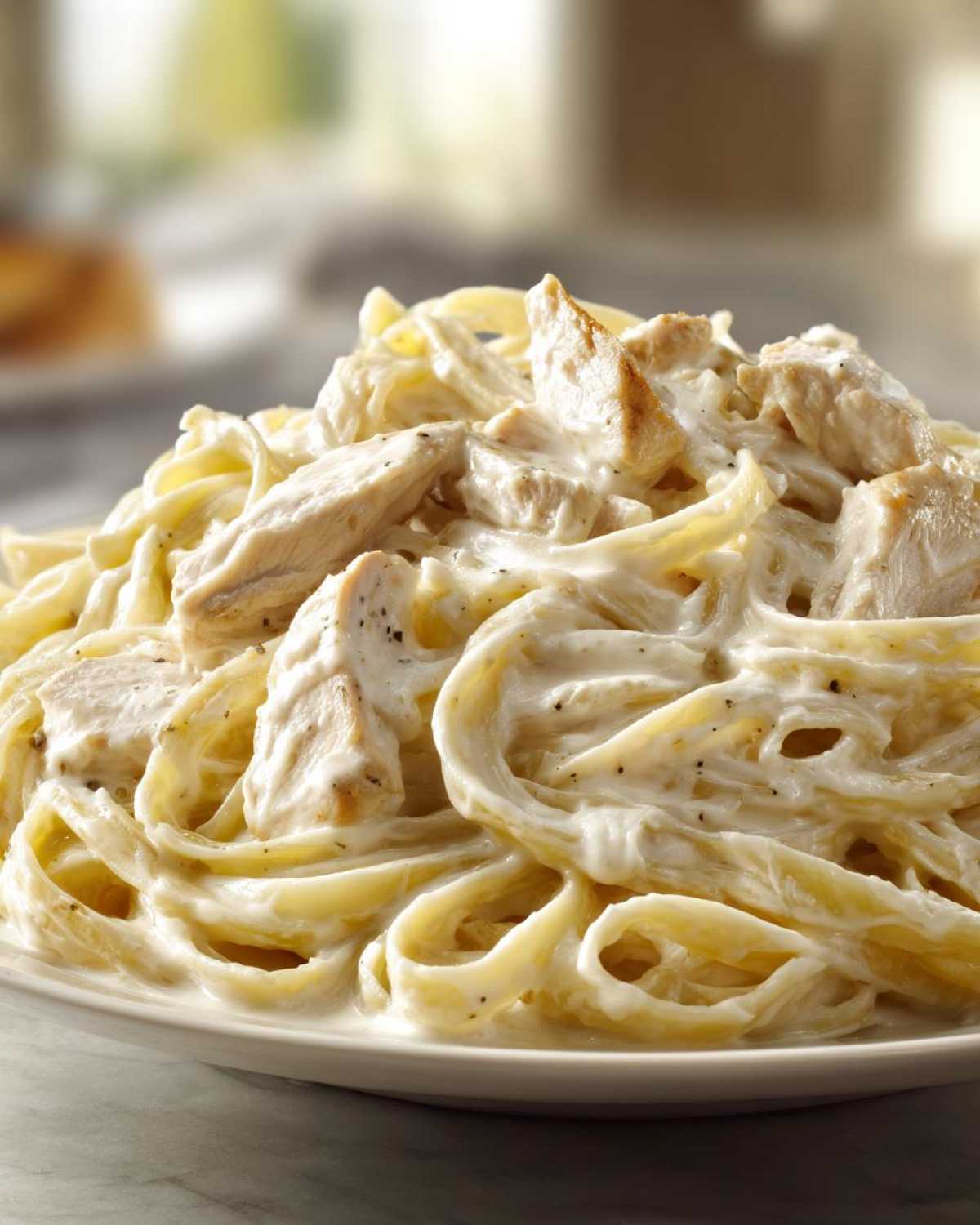 A close-up shot of a generous serving of creamy chicken fettuccine alfredo pasta on a white plate.
