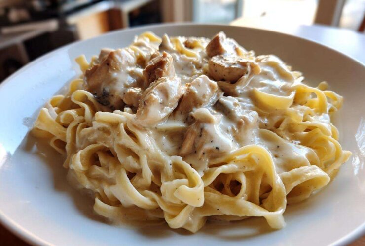Close-up of a serving of creamy chicken fettuccine alfredo pasta topped with chunks of seasoned chicken.