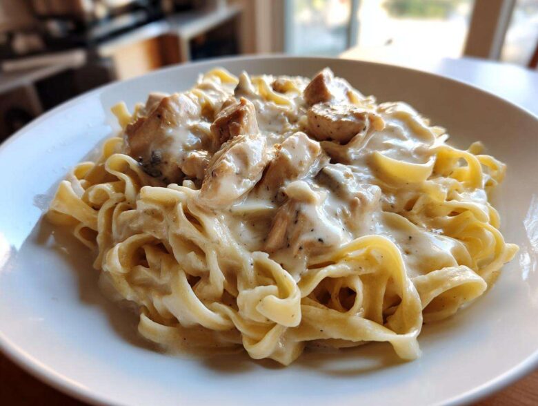 Close-up of a serving of creamy chicken fettuccine alfredo pasta topped with chunks of seasoned chicken.