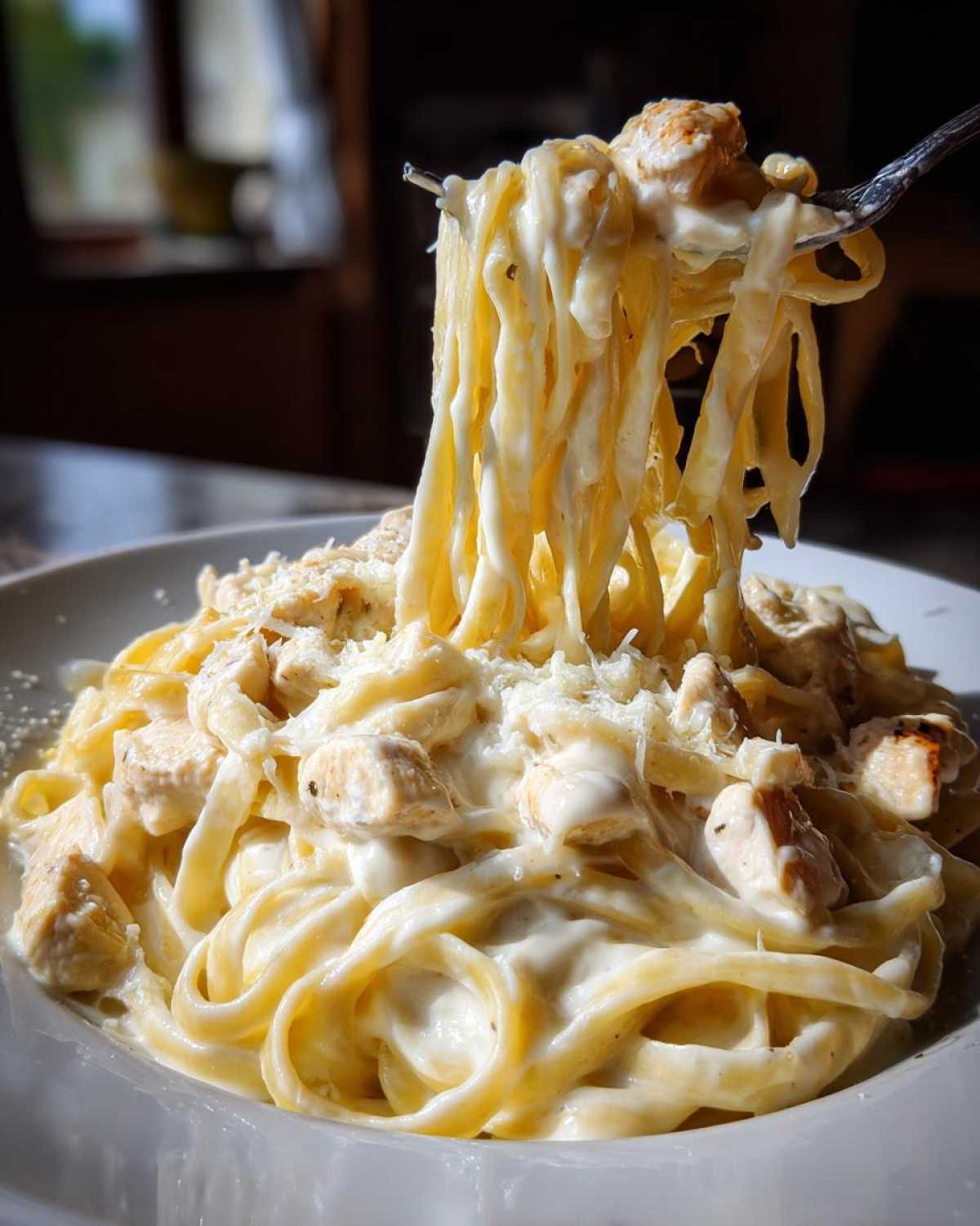 A fork lifting creamy fettuccine noodles coated in Alfredo sauce and chunks of chicken from a plate of chicken fettuccine alfredo.