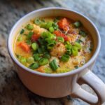 A close-up of a white mug filled with rich, creamy coconut curry soup topped generously with chopped green onions.
