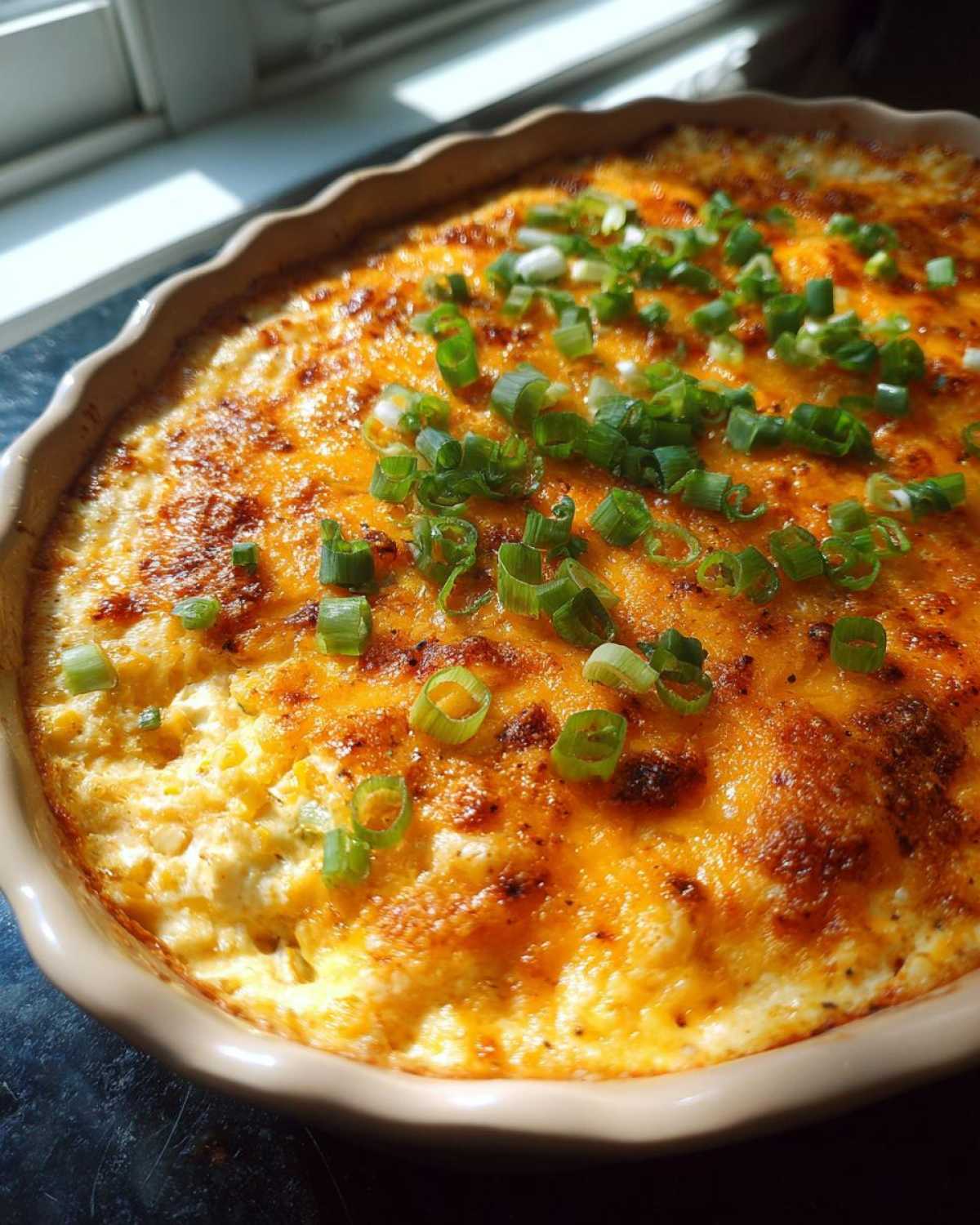 Close-up of a freshly baked, creamy corn dip with a golden-brown cheesy top, garnished with sliced green onions.