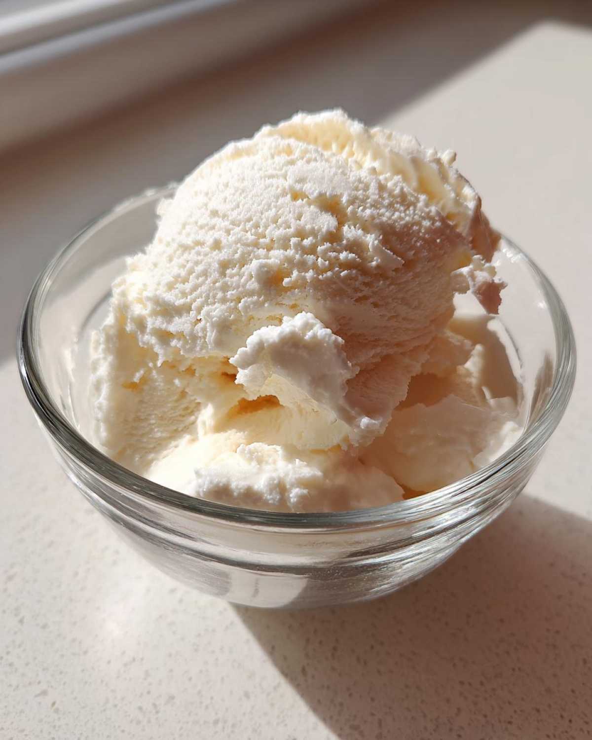 Close-up of creamy, white cottage cheese ice cream scooped into a small glass bowl.