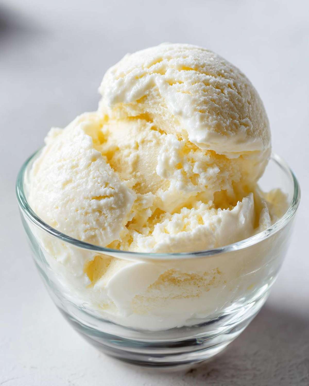 Two scoops of creamy, pale yellow cottage cheese ice cream served in a clear glass bowl.