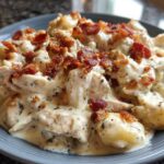 A close-up of creamy crack chicken gnocchi smothered in a rich white sauce and topped with crispy bacon bits.