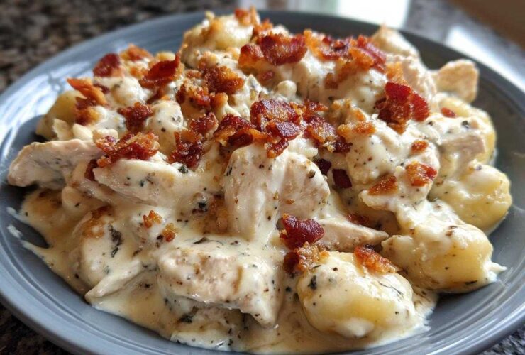A close-up of creamy crack chicken gnocchi smothered in a rich white sauce and topped with crispy bacon bits.