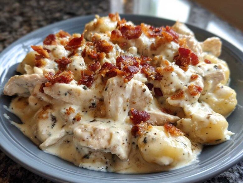A close-up of creamy crack chicken gnocchi smothered in a rich white sauce and topped with crispy bacon bits.