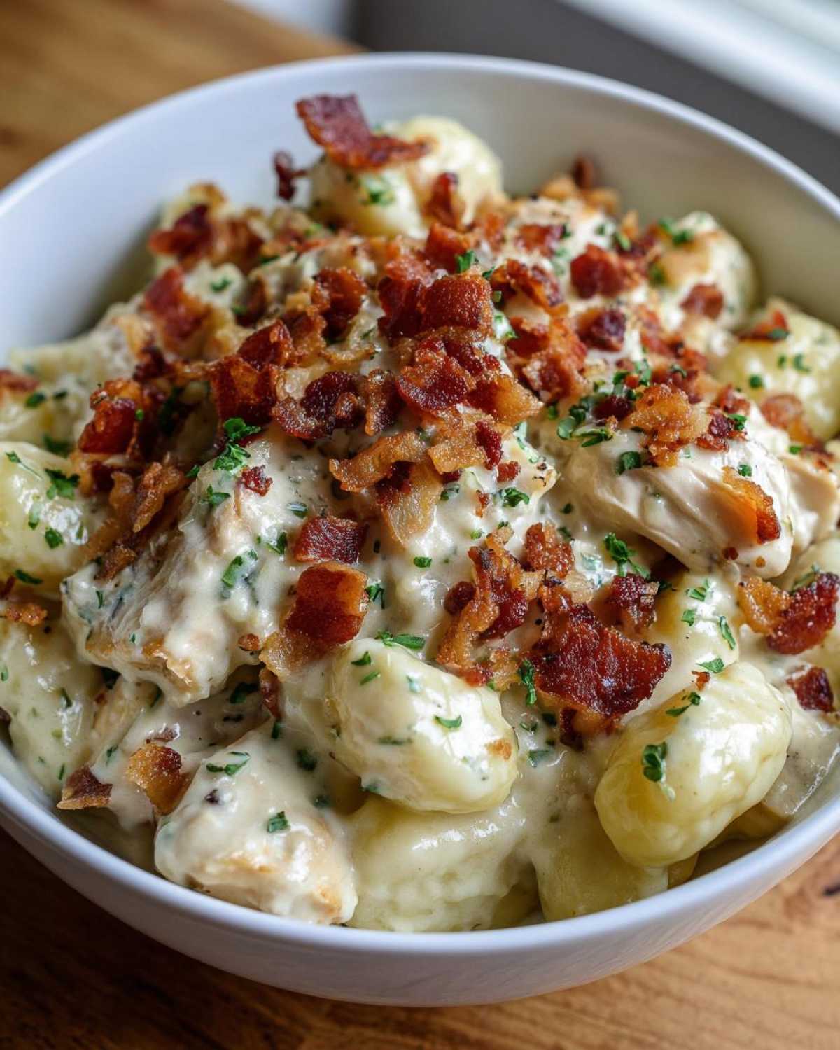 A close-up of creamy crack chicken gnocchi in a white bowl, topped generously with crispy bacon bits and parsley.