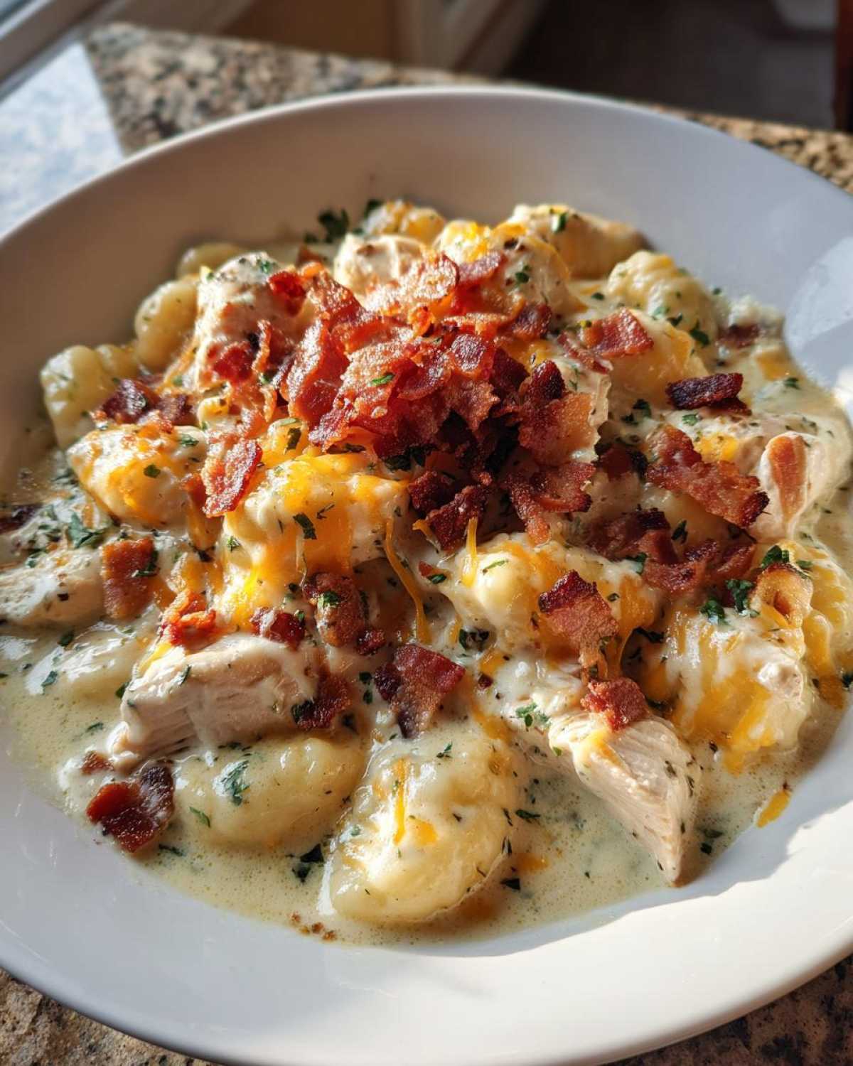 A close-up of creamy crack chicken gnocchi in a white bowl, topped with melted cheese and crispy bacon bits.