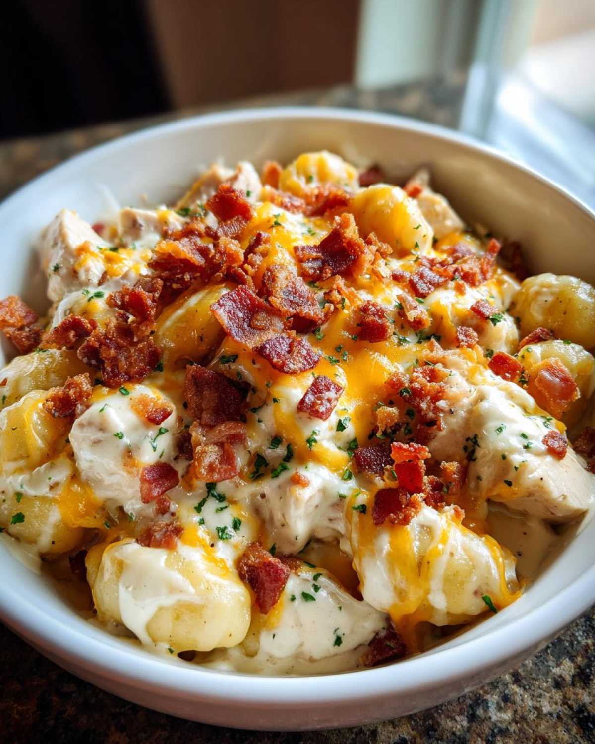A close-up of a white bowl filled with creamy crack chicken gnocchi topped generously with melted cheese and crispy bacon bits.