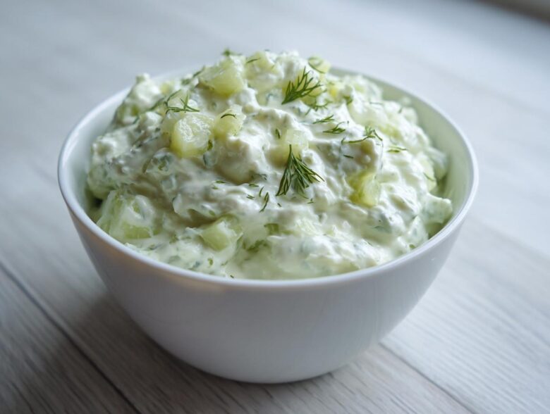 A white bowl filled with creamy dill pickle dip, garnished with fresh dill sprigs.