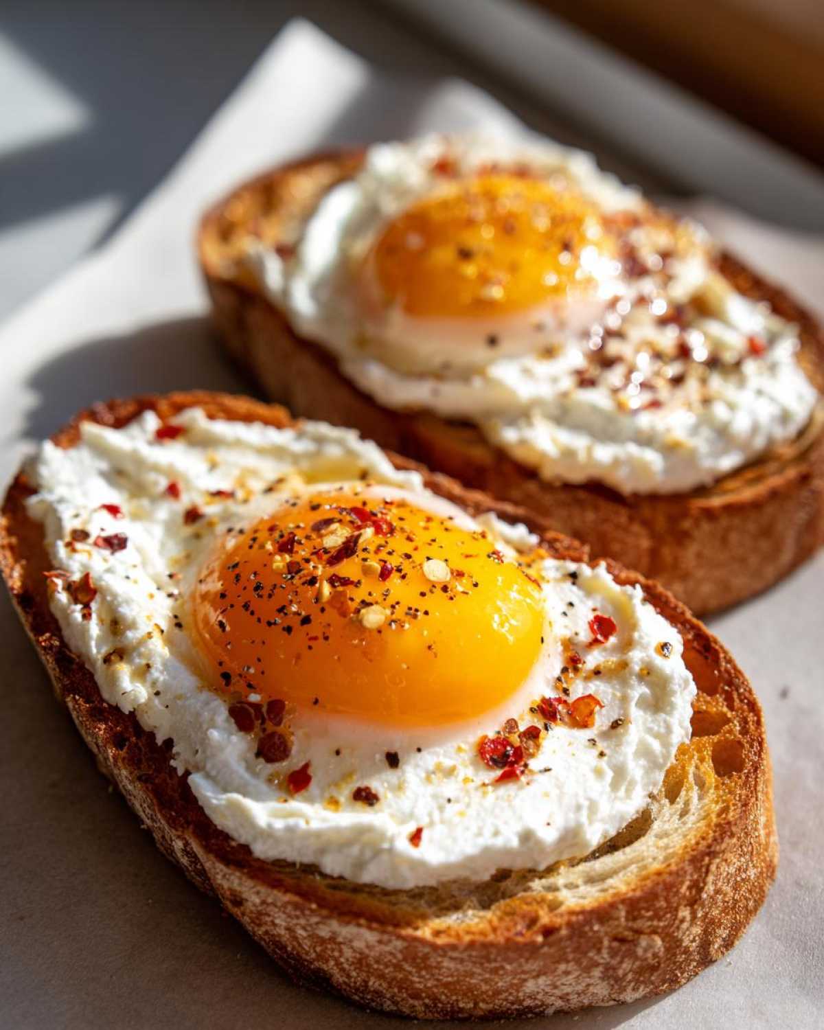 Two slices of delicious egg toast topped with creamy white cheese and a perfectly cooked sunny-side-up egg, sprinkled with pepper and chili flakes.