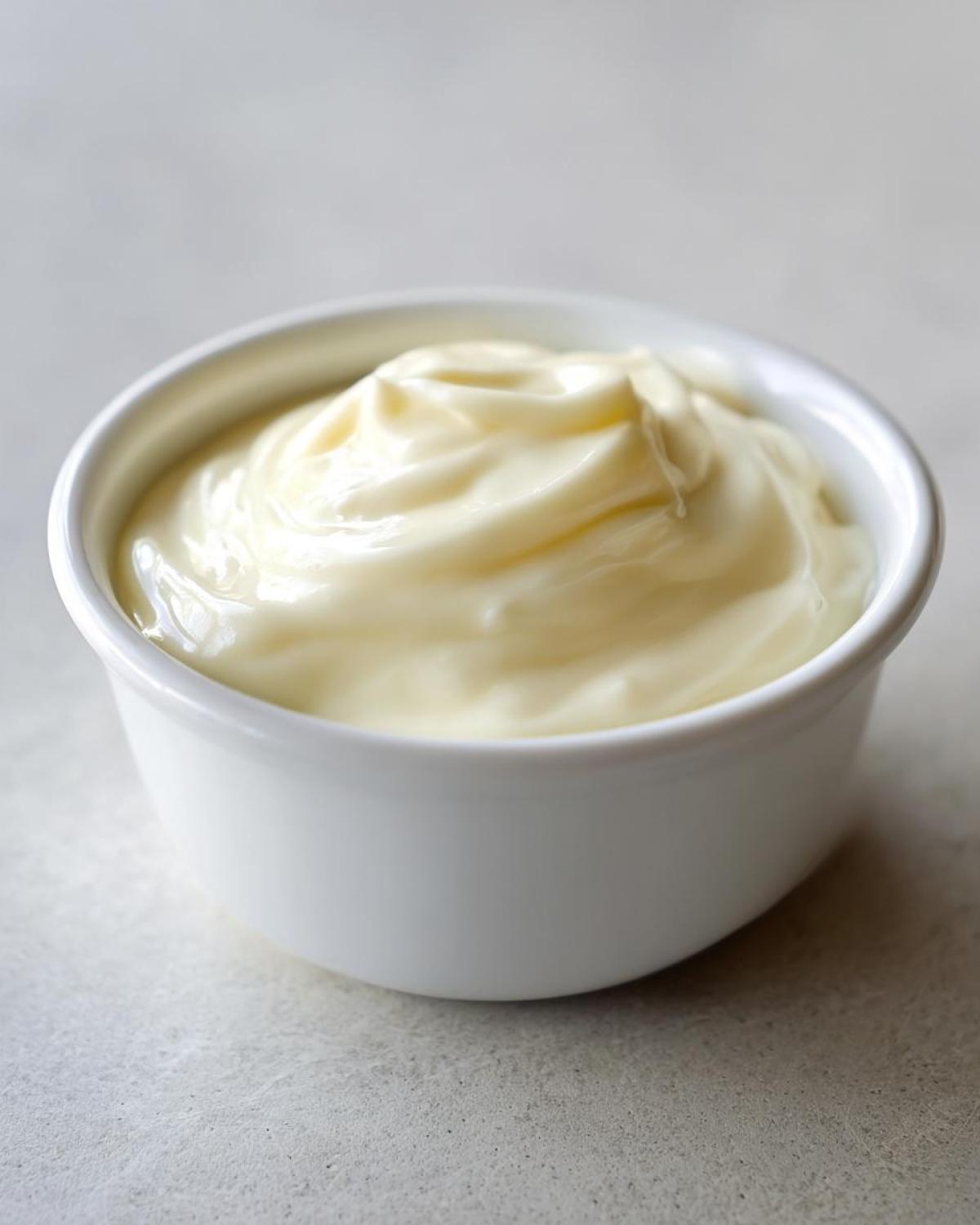 A close-up of thick, creamy garlic sauce swirled beautifully in a small white ramekin.