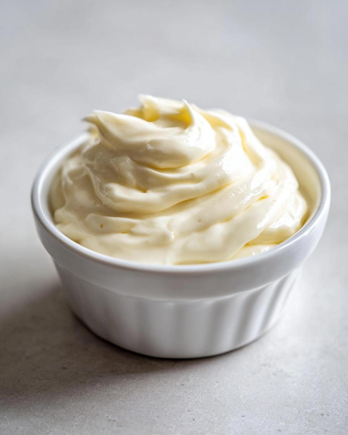 A small white ramekin filled with thick, creamy garlic sauce swirled attractively.