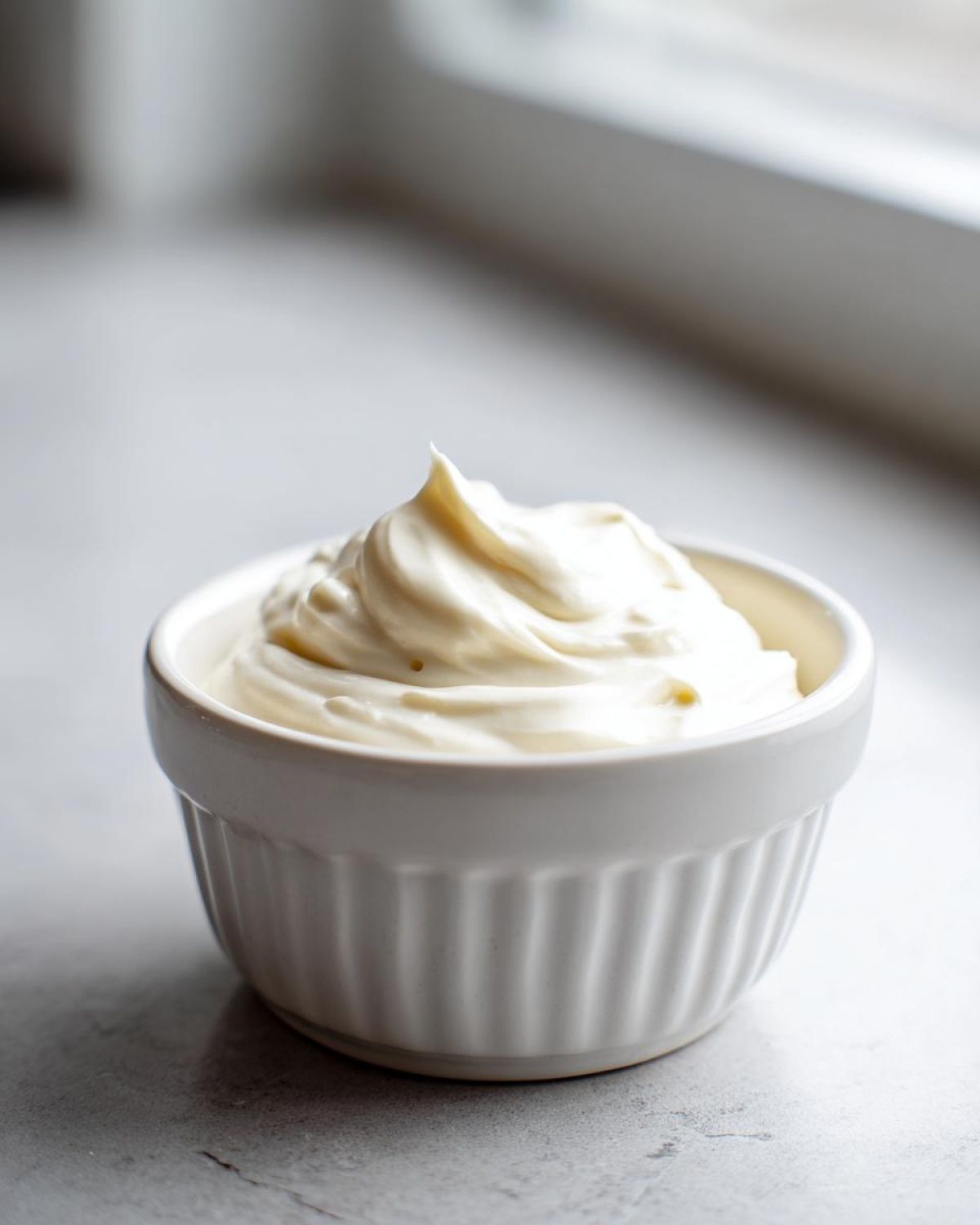 A close-up of thick, creamy garlic sauce swirled high in a white fluted ramekin.