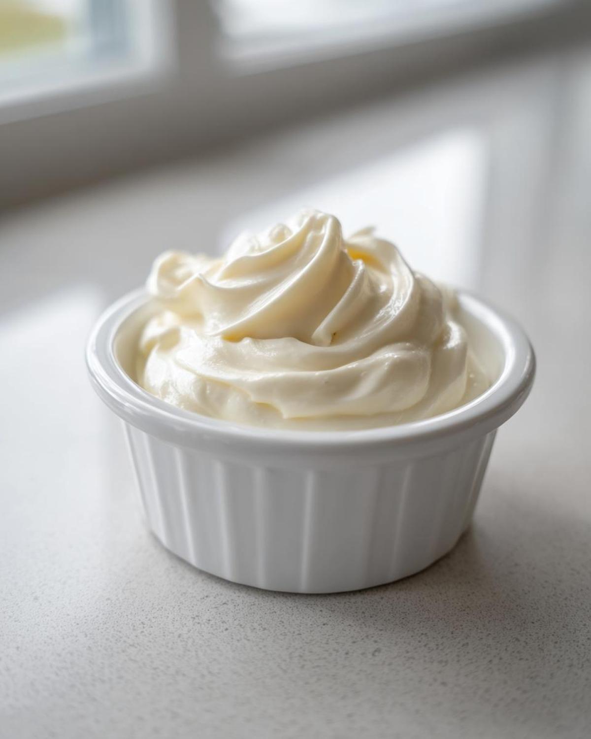 A perfectly swirled dollop of creamy garlic sauce in a small white ramekin, ready to serve.