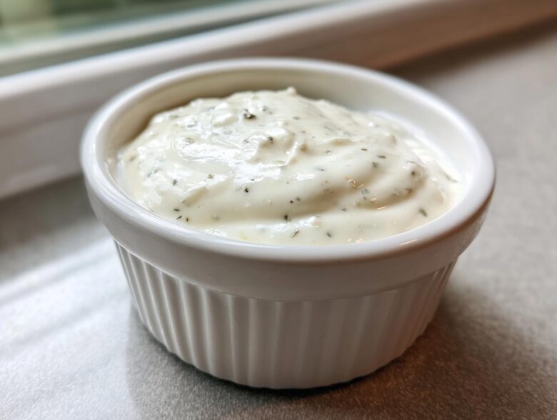 Close-up of thick, creamy garlic sauce speckled with herbs served in a small white fluted ramekin.