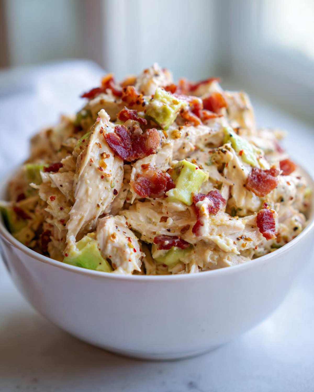 Close-up of creamy honey mustard chicken salad mixed with avocado chunks and topped with crispy bacon bits.