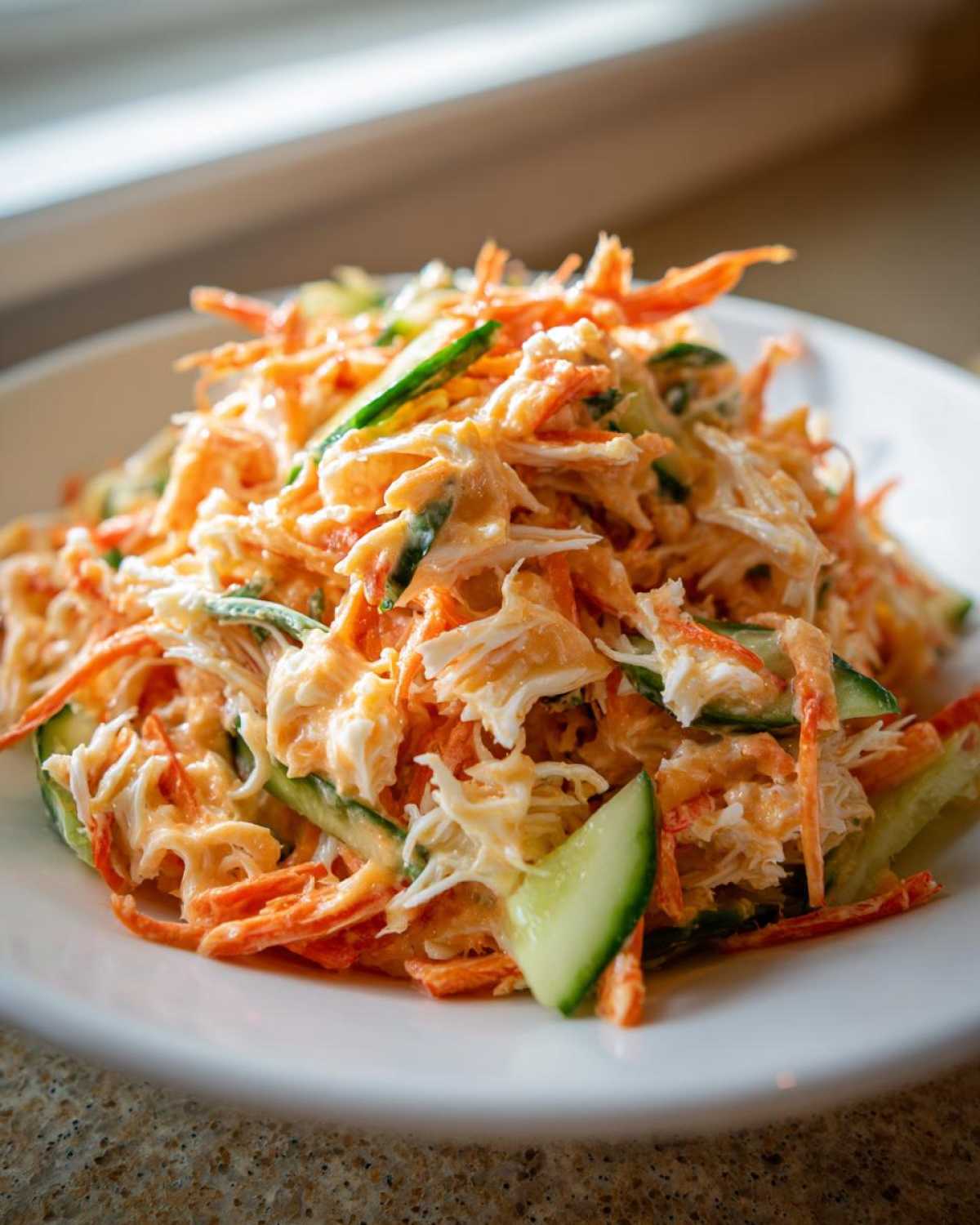 A close-up of a serving of creamy kani salad featuring shredded imitation crab, carrots, and cucumber slices on a white plate.