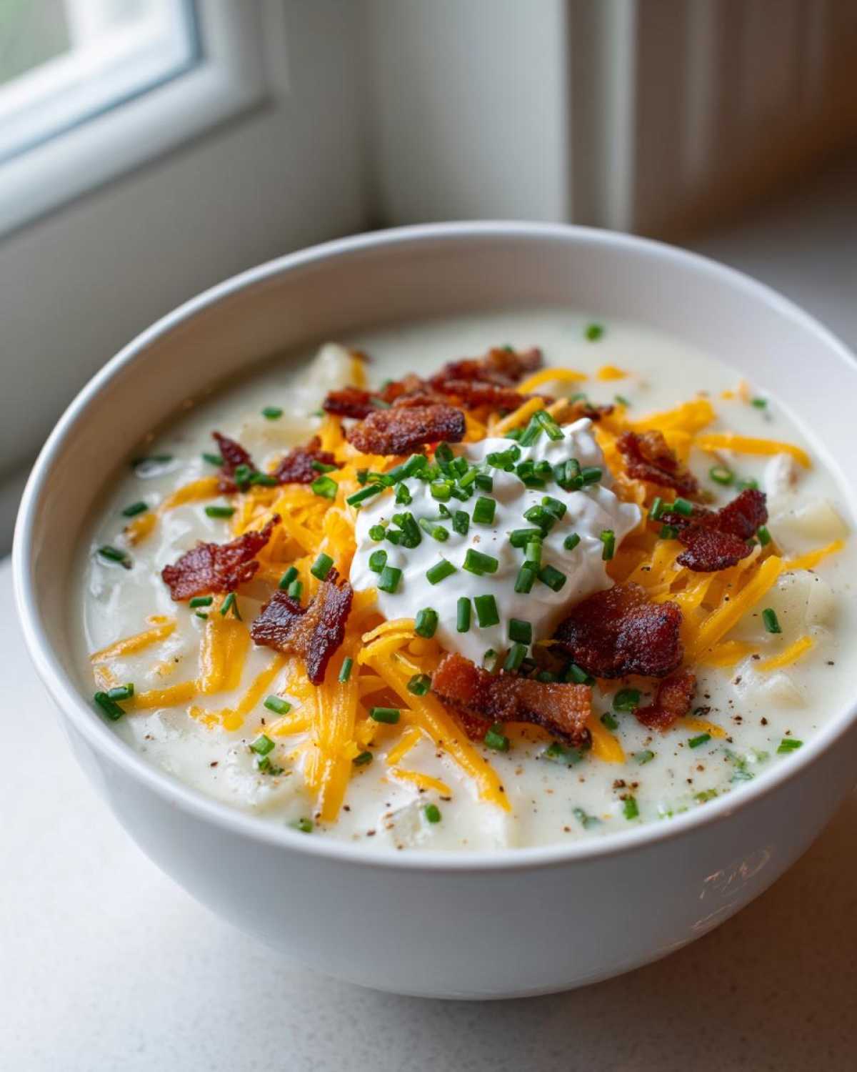 A close-up of a bowl of creamy loaded baked potato soup topped with shredded cheddar, bacon bits, sour cream, and chives.