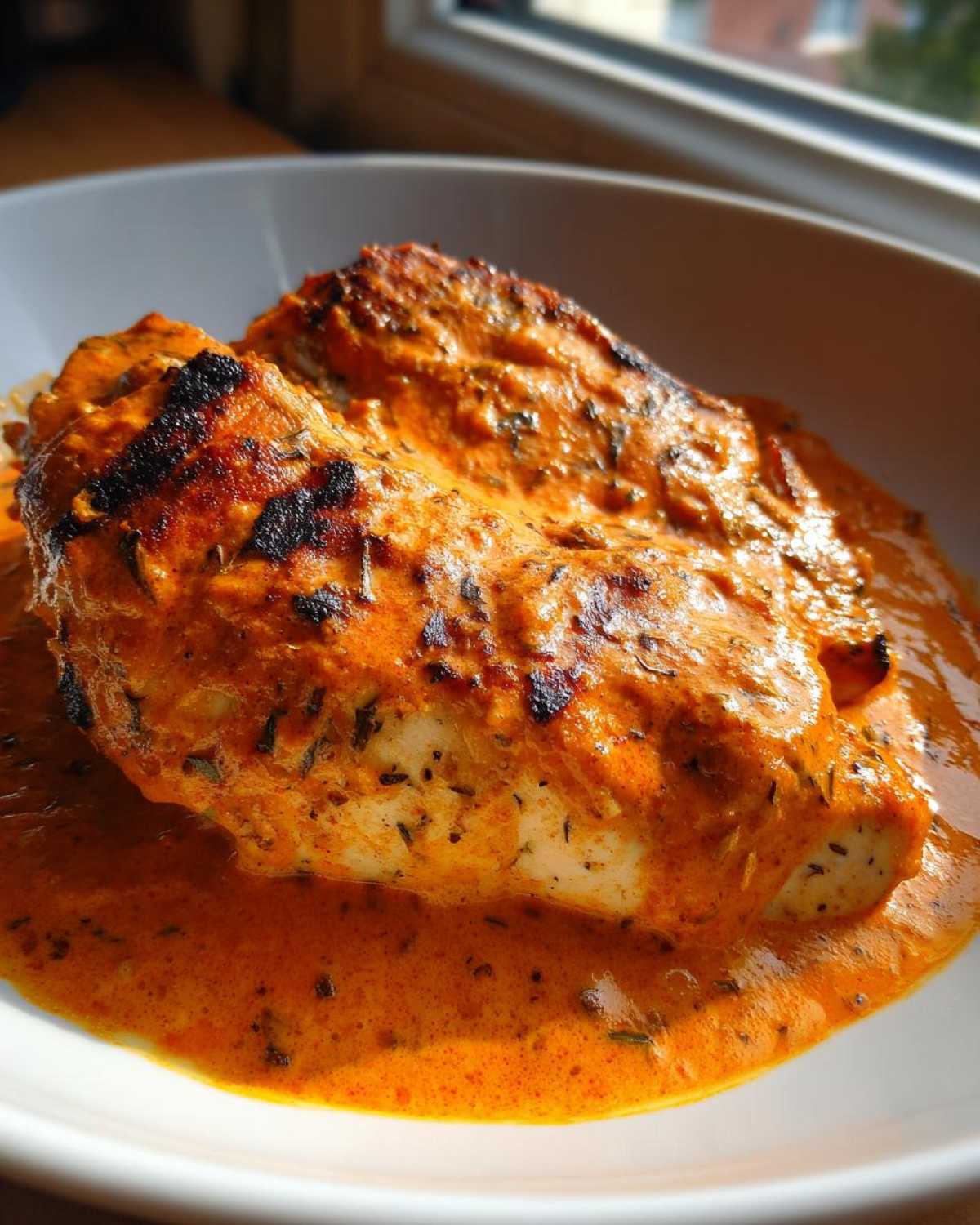 Close-up of a perfectly cooked chicken breast smothered in creamy, orange Marry Me Chicken sauce, served in a white bowl.
