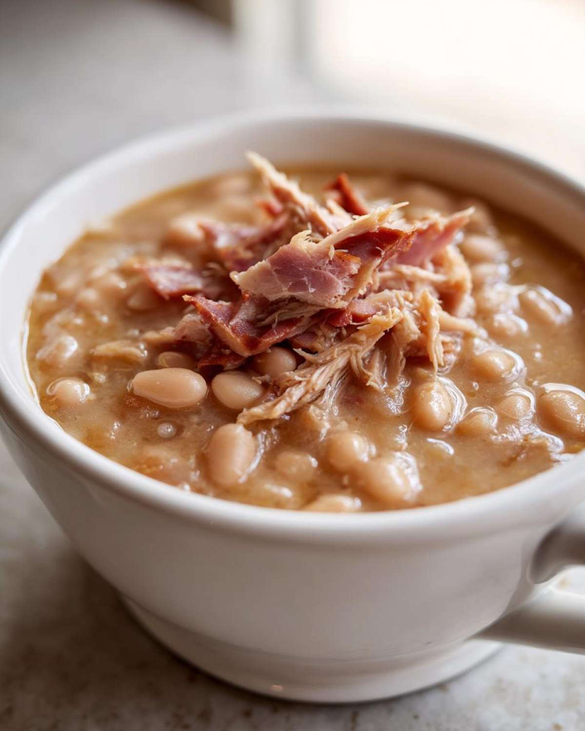 Close-up of a white mug filled with creamy navy bean soup, topped with shredded smoked ham.
