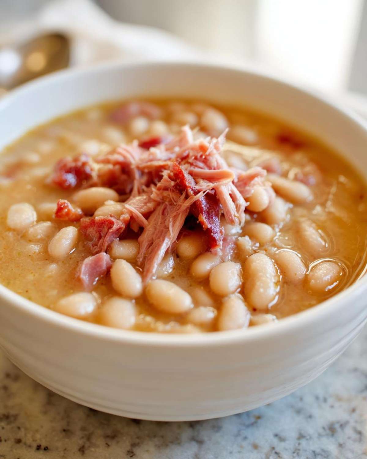 Close-up of a white bowl filled with creamy navy bean soup topped with shredded ham.