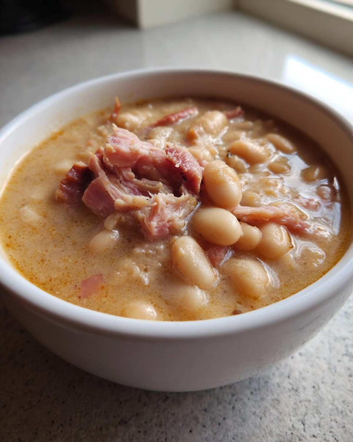 Close-up of a bowl of creamy navy bean soup topped with shredded ham.