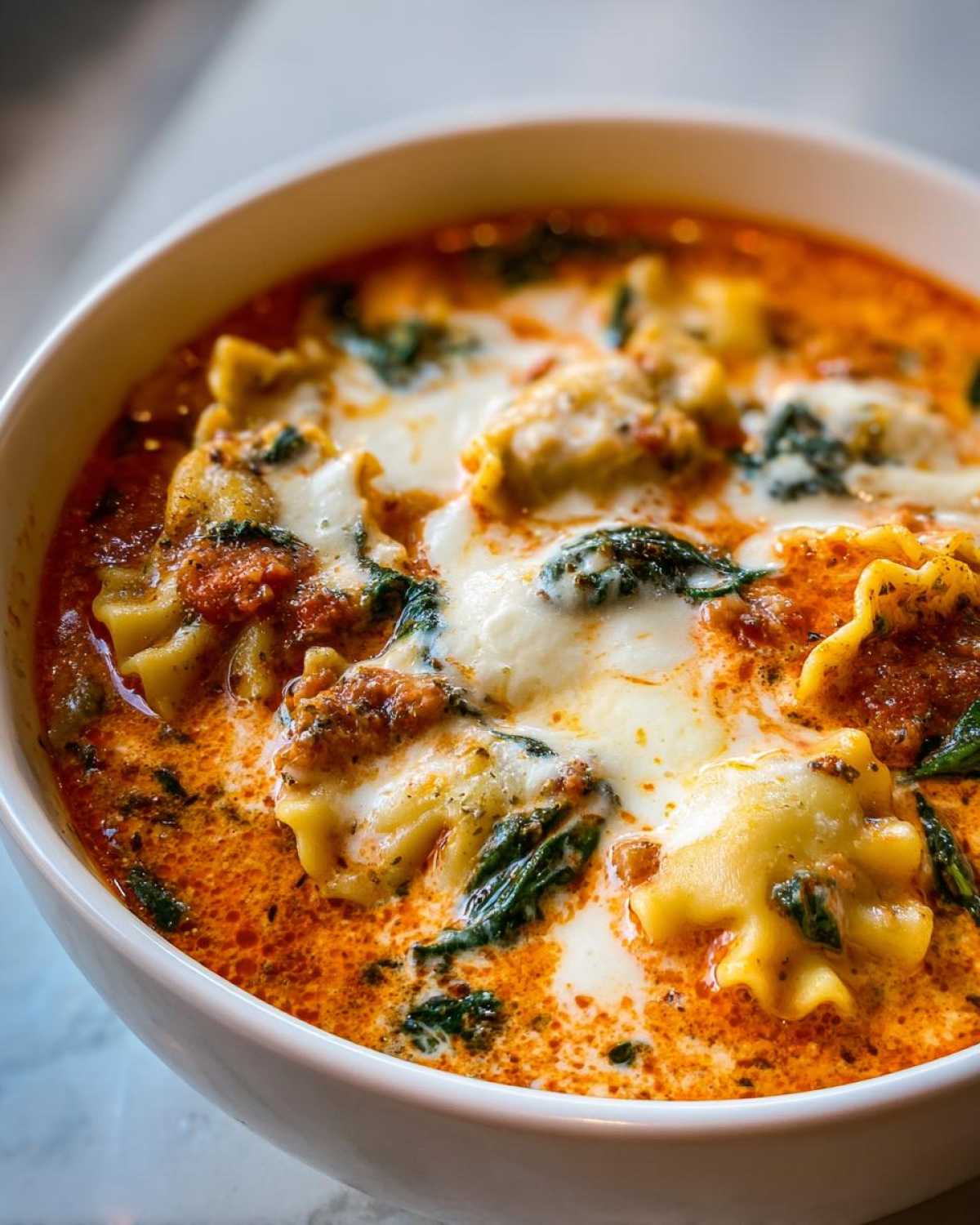 Close-up of a white bowl filled with rich, creamy one pot lasagna soup featuring ruffled pasta, spinach, and melted mozzarella cheese.