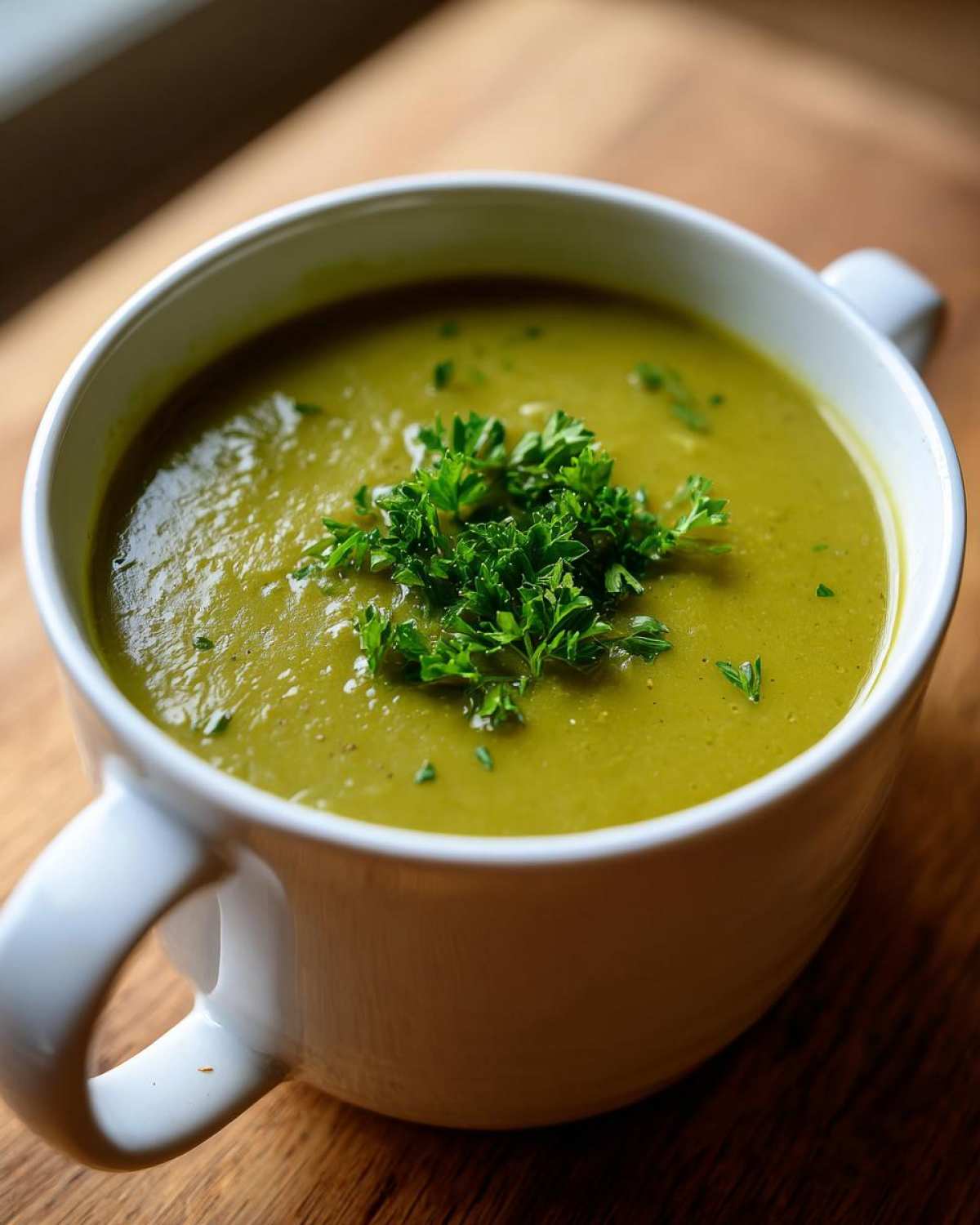 A close-up of creamy green pea soup in a white mug, topped with fresh parsley.