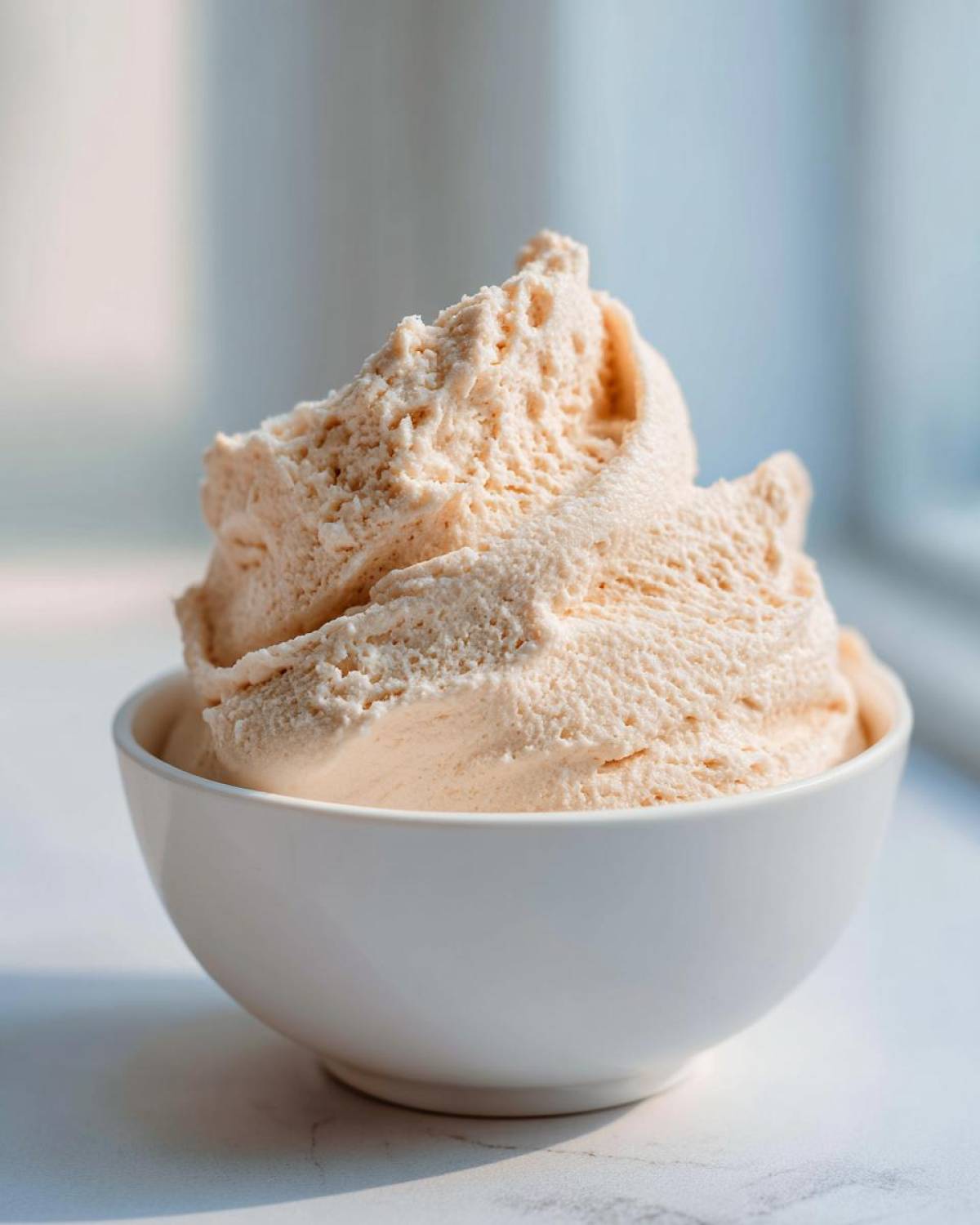 A large scoop of light orange, creamy protein ice cream served in a small white bowl.