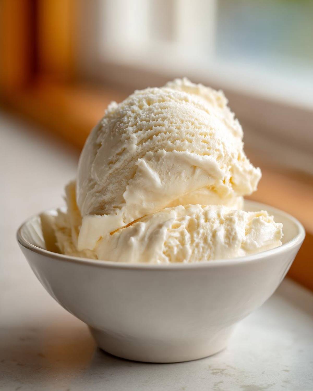 Close-up of creamy vanilla-colored protein ice cream scooped into a small white bowl.
