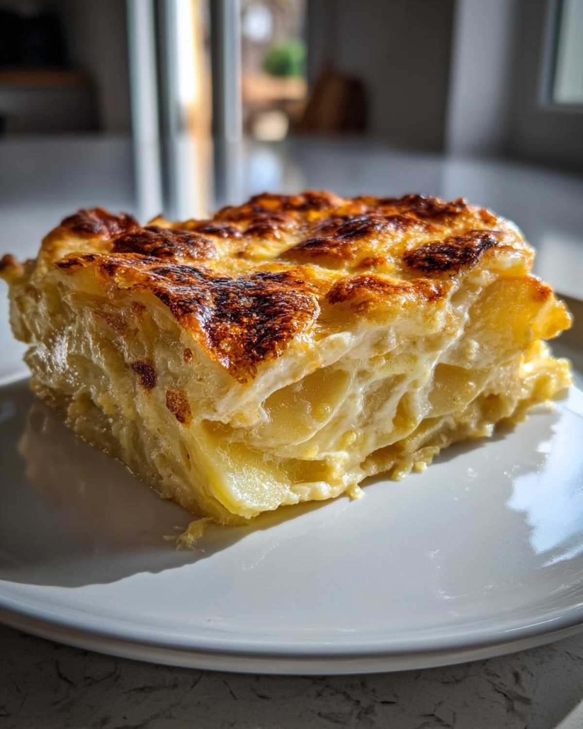 A thick, golden-brown slice of creamy scalloped potatoes served on a white plate.