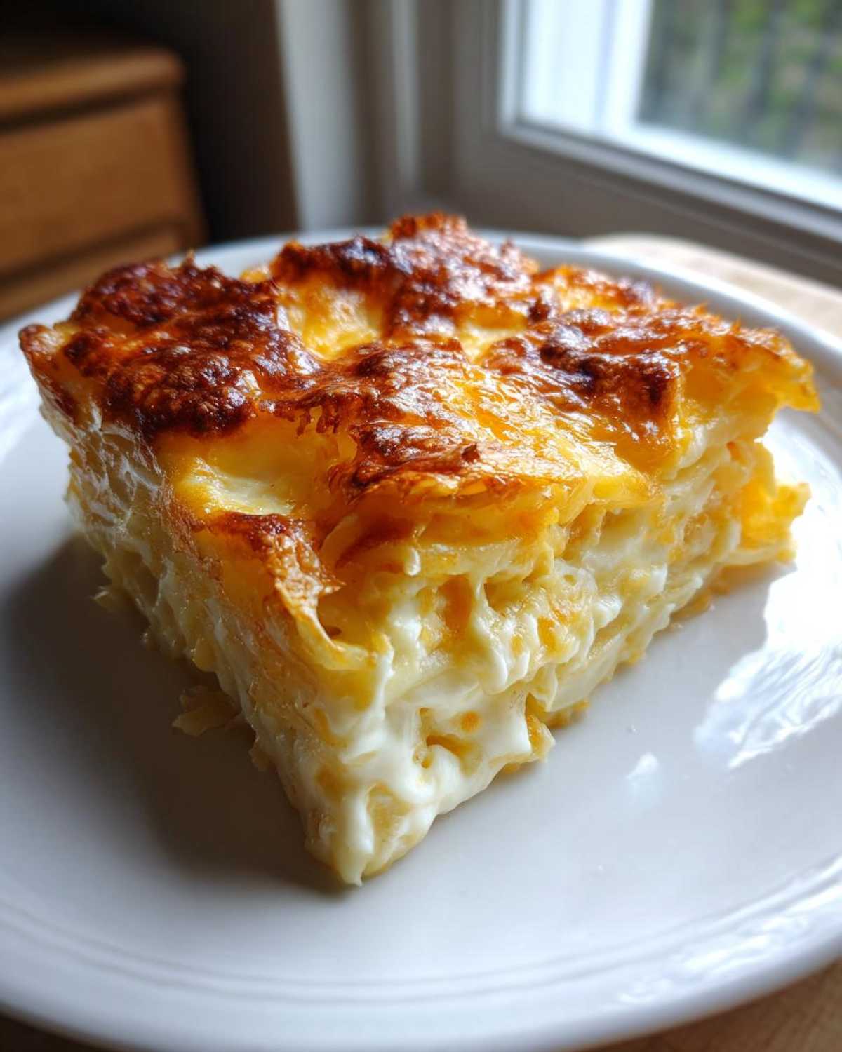 A close-up of a rich, cheesy slice of scalloped potatoes with a golden-brown, bubbly top.