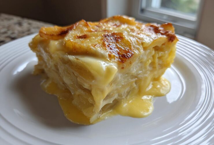 A thick, creamy slice of golden brown scalloped potatoes oozing sauce onto a white plate.