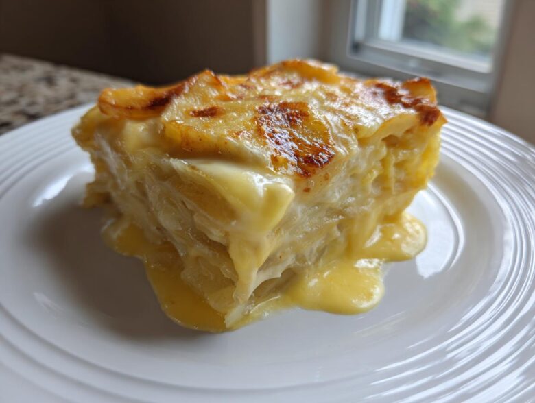 A thick, creamy slice of golden brown scalloped potatoes oozing sauce onto a white plate.