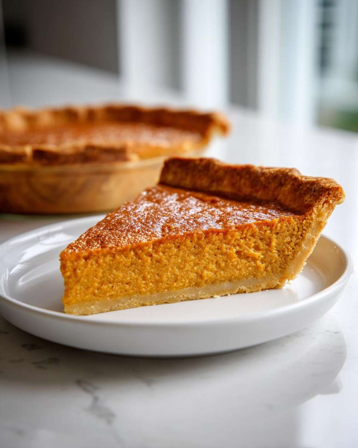 A close-up of a creamy slice of sweet potato pie dusted with powdered sugar on a white plate.