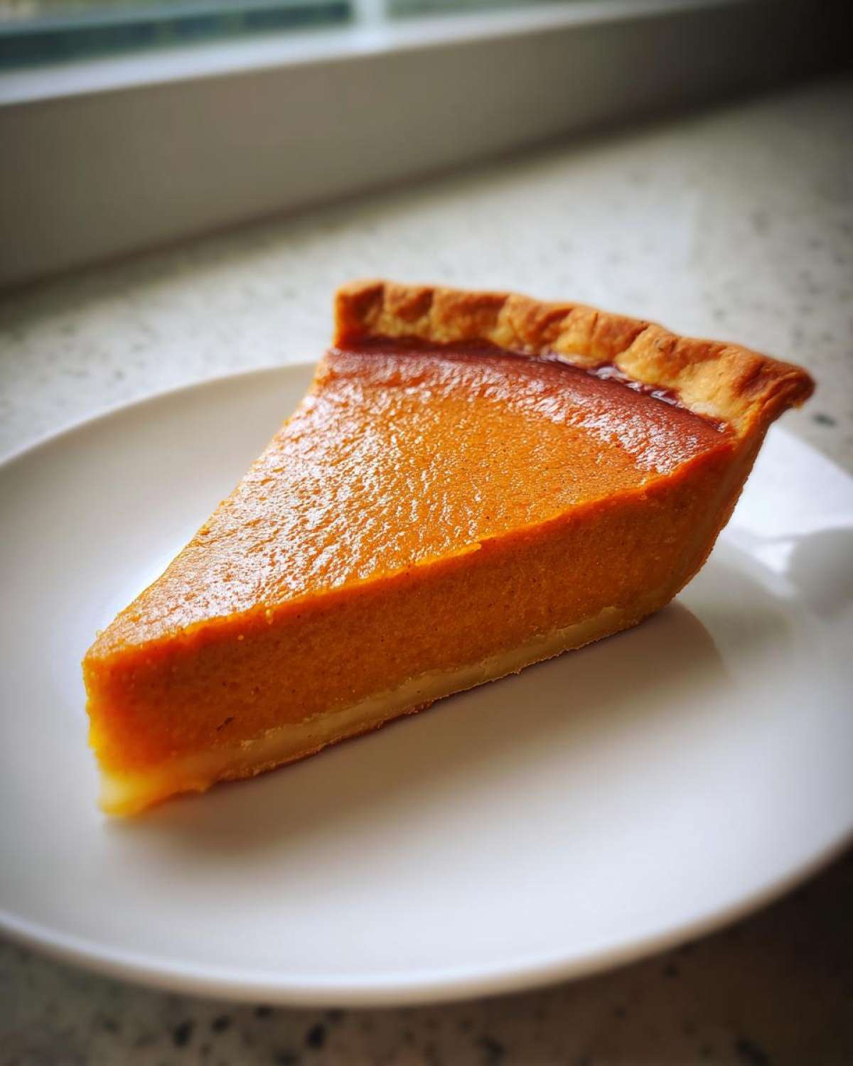 A perfect slice of creamy sweet potato pie resting on a white plate near a window.
