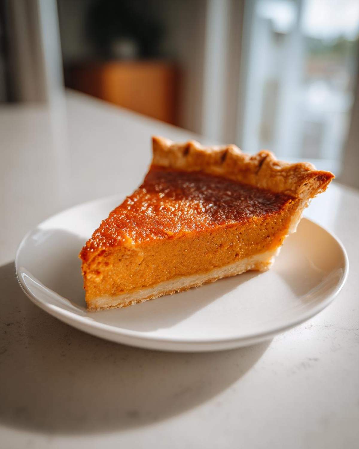 A single, creamy slice of sweet potato pie with a golden crust on a white plate.