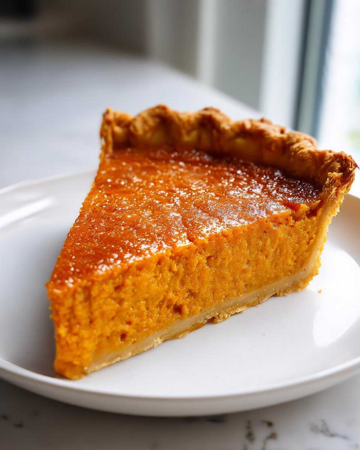 A close-up of a creamy slice of perfect sweet potato pie on a white plate.