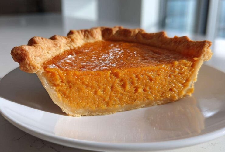 A close-up of one creamy slice of sweet potato pie on a white plate.