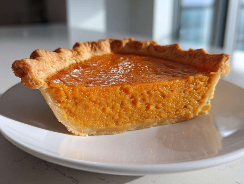 A close-up of one creamy slice of sweet potato pie on a white plate.
