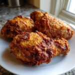 Three pieces of golden brown, crispy air fryer fried chicken resting on a white plate.