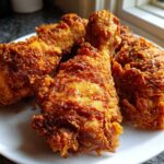 Close-up of several pieces of golden brown, crispy air fryer fried chicken piled on a white plate.