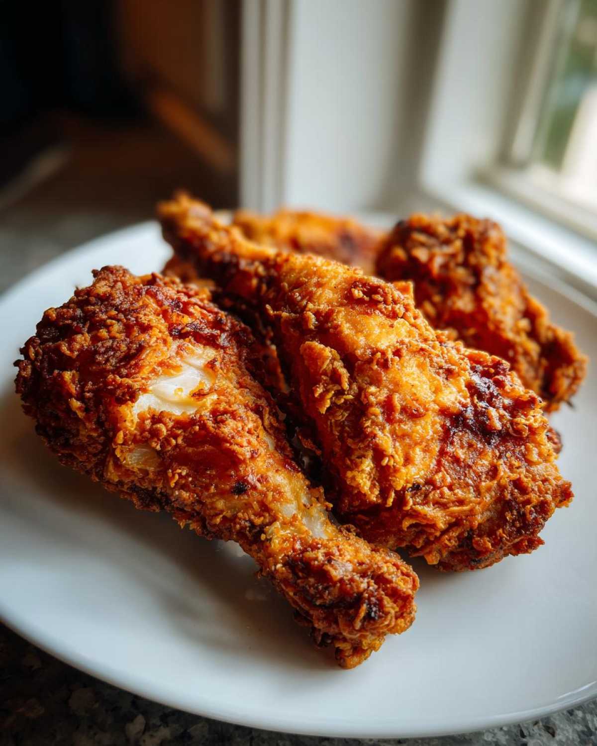 Close-up of several pieces of golden brown, crispy air fryer fried chicken served on a white plate.