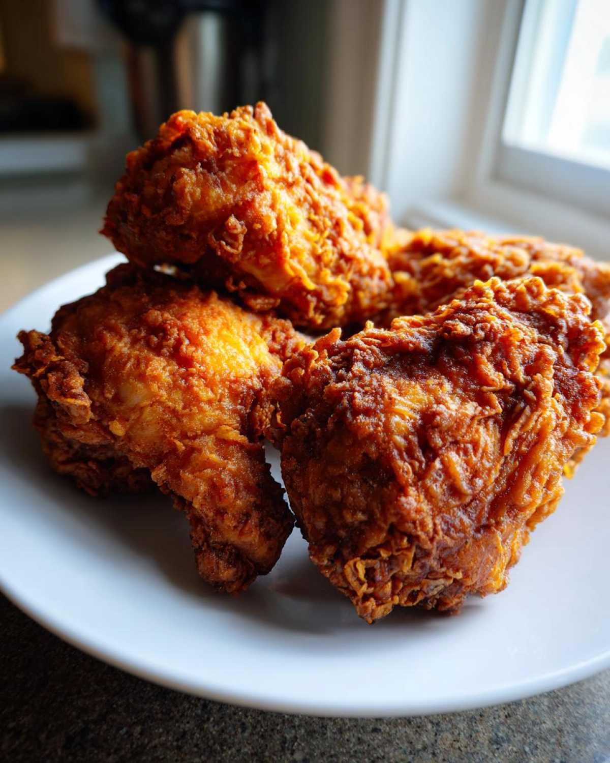 Close-up of several pieces of golden brown, crispy air fryer fried chicken stacked on a white plate.